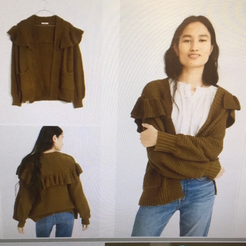 MADEWELL/OLIVE-ARMY GREEN RUFFLE SHOULDER OPEN FRONT CARDI